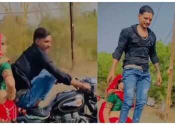 Video: બુલેટ પર ઘૂંઘટ ઓઢીને બેઠેલી નવી દુલ્હન, પતિએ હાથ છોડીને કરવા લાગ્યો સ્ટંટ