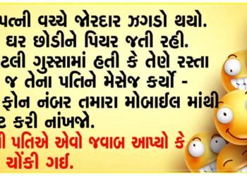 પતિ-પત્ની વચ્ચે ઝઘડો થયો. પત્ની ઘર છોડીને પિયર જતી રહી. ગુસ્સામાં તેણે રસ્તામાં જ તેના પતિને મેસેજ કર્યો, મારો ફોન નંબર તમારા મોબાઈલમાંથી ડીલીટ કરી દેજો, સામેથી પતિએ એવો જવાબ આપ્યો કે પત્ની પણ ચોંકી ગઈ